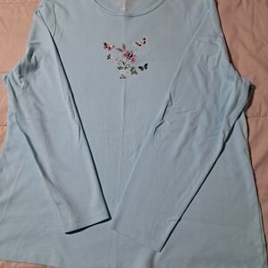 Kim Rogers Pale Blue Long-Sleeve Tee with Floral Embroidery